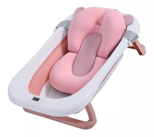 Bañera Tina Plegable Para Bebé Con Termometro + Cojín Malla rosada